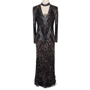 Parker Black Long Sleeve Formal Beaded Gown Dress Black Size 12